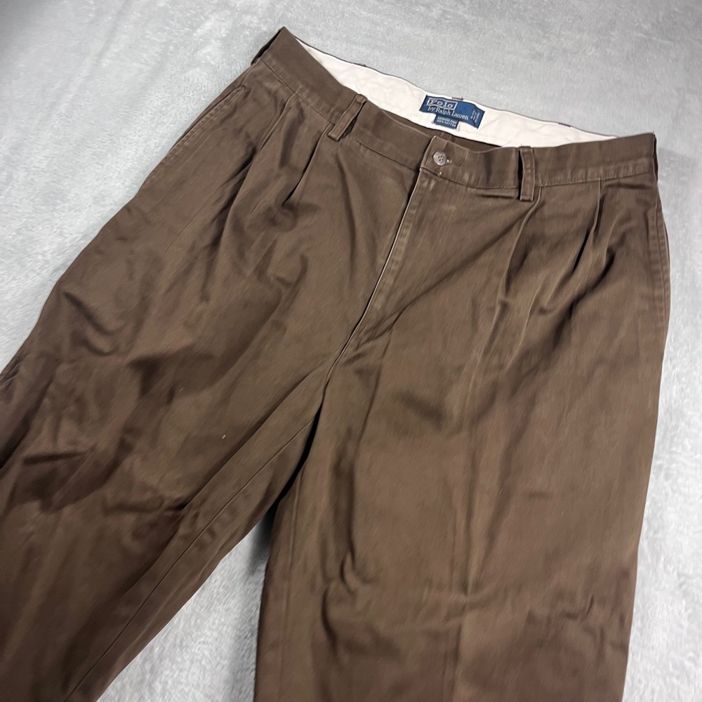 Polo Ralph Lauren Hammond Pant Mens 36/30 Brown Pleated Cuffed Cotton Chinos - Picture 2 of 12